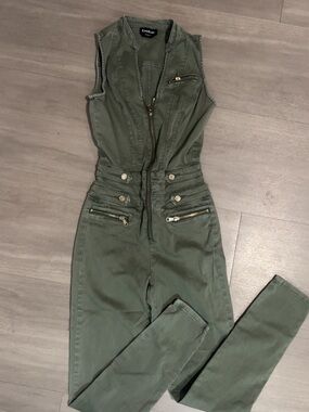 bebe Olive Zip Jumpsuit with Gold Hardware